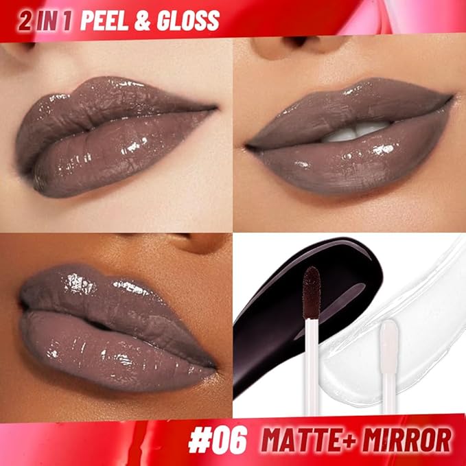 Brown Lip Stain Peel off Lip Oil Dual Ended Combo Set, 2 in 1 Lips Liner Stain Oil Peel off Long Lasting Waterproof, High Pigmented Flawless Lips Tint Stick Not Faded Vegan & Cruelty-free 06#