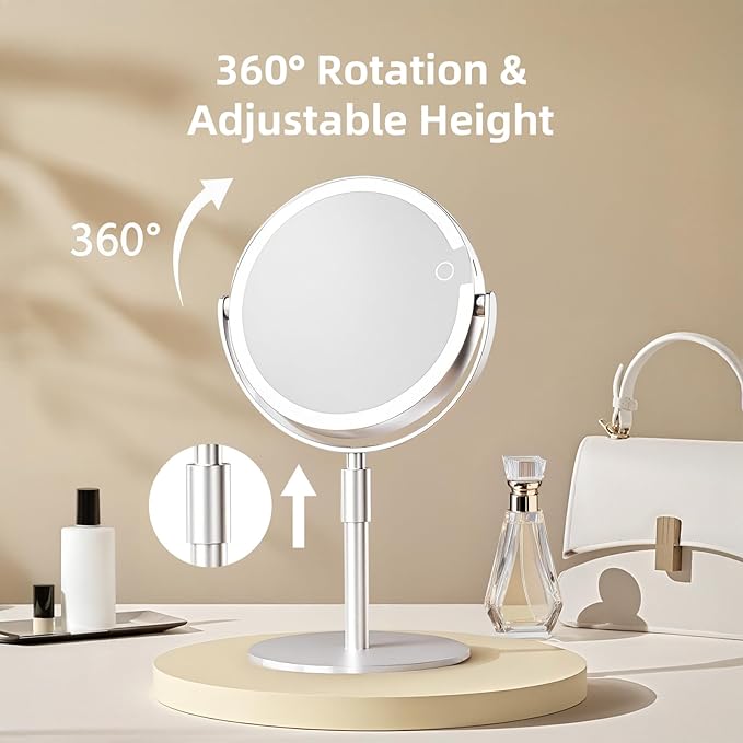 Makeup Mirror with Lights, 8" Double Sided 1x/10x Magnifying Vanity Mirror with 3 Color Lights, Rechargeable, 360° Rotation and Adjustable Height, Gift for Women Her