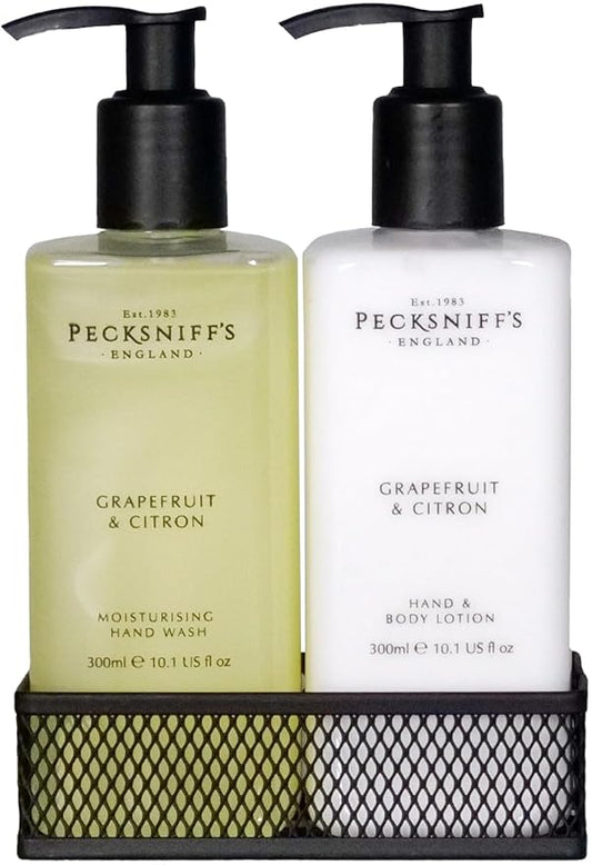 Hand Wash & Body Lotion Caddy Set (Grapefruit & Citron) - 10.1 Fl Oz Each - Gentle Cleanser for Sensitive Skin - Moisturizing & Hydrating Hand Cream - All Natural Cruelty Free Body Wash - Pecksniff’s