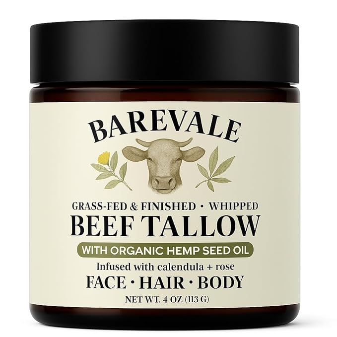 Grass-Fed Whipped Beef Tallow Balm with 100% Cold-Pressed Organic Hemp Seed Oil, Organic Calendula & Organic Rose, Pure Moisturizer for Sensitive Skin, Face, Hair & Body, 4-oz | Non-Toxic