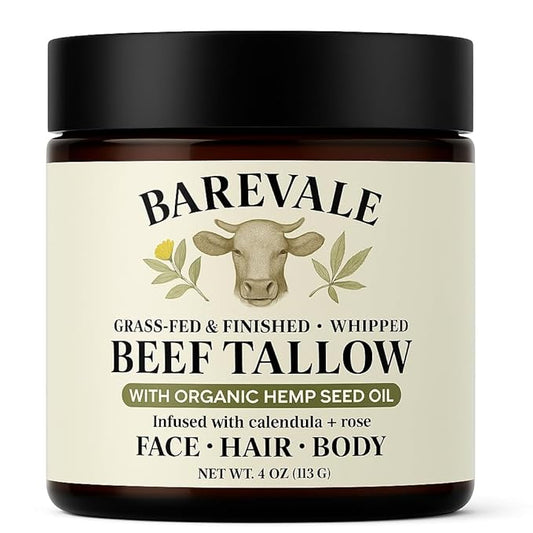 Grass-Fed Whipped Beef Tallow Balm with 100% Cold-Pressed Organic Hemp Seed Oil, Organic Calendula & Organic Rose, Pure Moisturizer for Sensitive Skin, Face, Hair & Body, 4-oz | Non-Toxic