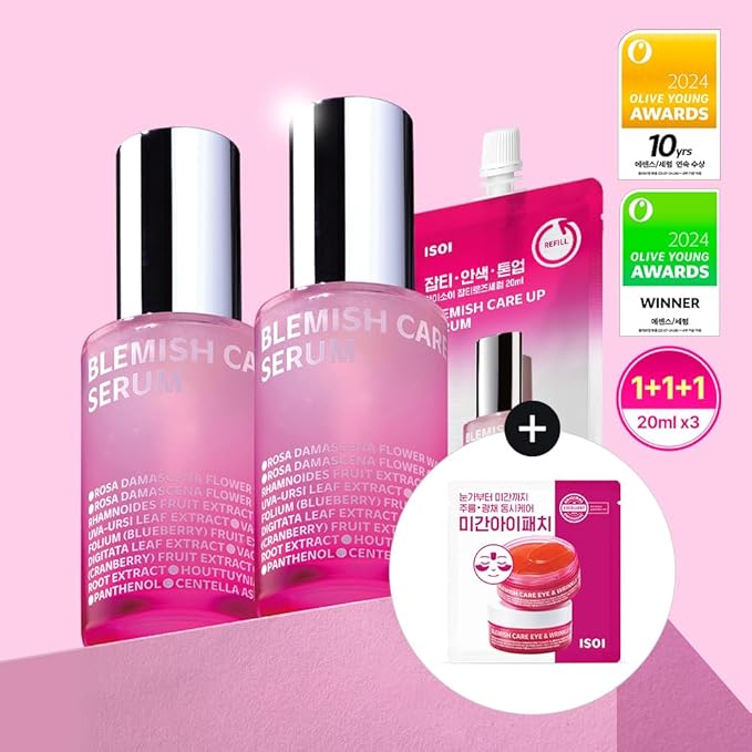 ISOI Blemish Care Up Facial Serum Triple Set, Korean Skin Care Set for Glass Skin Radiance, 2 Full Size & 1 Refill, Eye & Wrinkle Patch Tester, Daily Hydration Skincare Gift for Women (2.13 fl. oz)