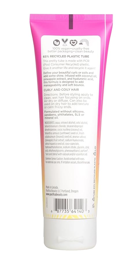 Pacifica Pineapple Swirl Curl Defining Cream – Curl Cream for Curly Hair, Curly Hair Products with Coconut Oil and Hyaluronic Acid, Styling for Bouncy Waves Without Crunch - 4 Oz