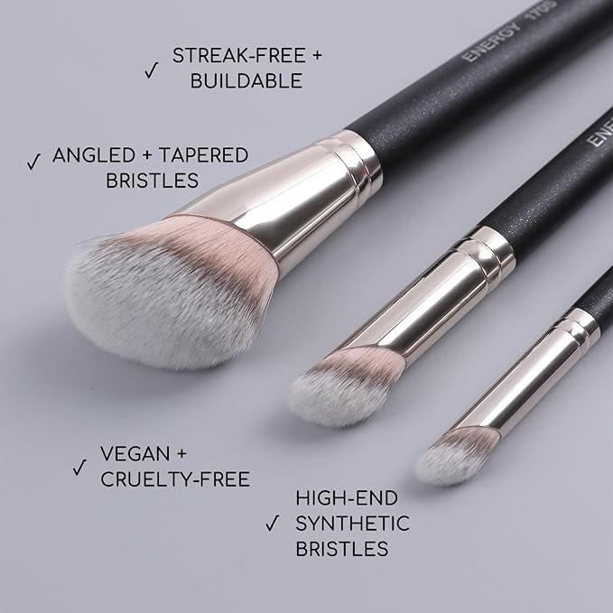 ENERGY Travel Makeup Brush Set with Bag Professional Angled Powder Foundation Bronzer Nose Contour Concealer Brushes for Liquid Cream Blending Face Make Up Applicators