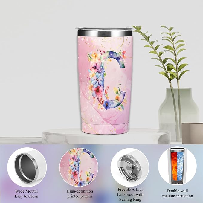 Personalized Gifts Monogrammed Birthday Gifts for Women, Cowerker Wife Sister Wedding Christmas Initial 20 oz Tumbler, Makeup Bag Cup Ballpoint Pens Journal Notebook 6 Set, (Aesthetic Pink Flower C)