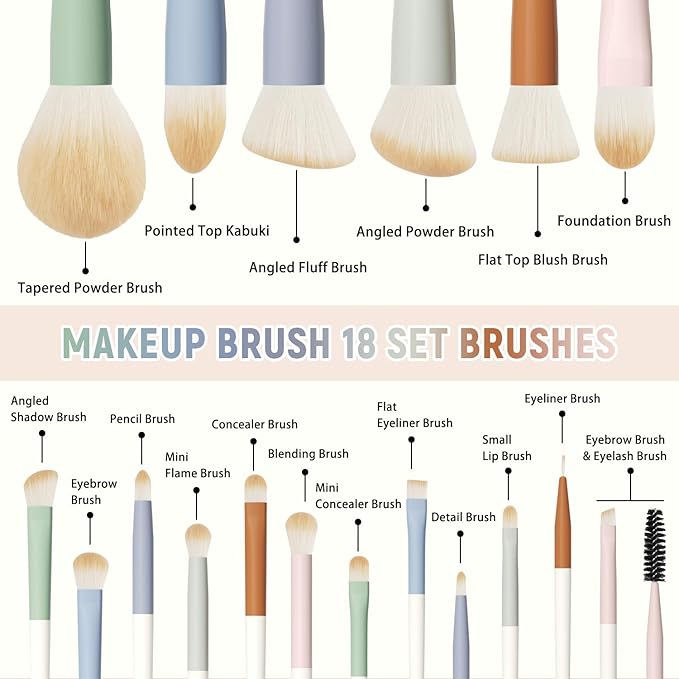 Colorful Series 18-Pcs Makeup Brush Set with Soft, Cruelty-Free Synthetic Bristles, Wooden Matte Handles, 2 Latex-Free Makeup Sponges & Travel Storage Bag – Face & Eye Brushes for Makeup