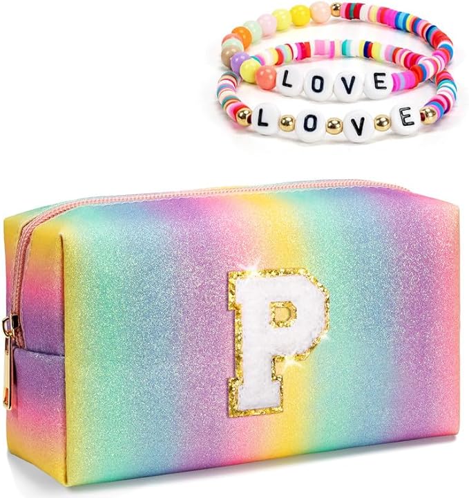 Initial Makeup Bag for Travel, Chenille Letter Pouch Toiletry Bag for Girls Preteens Teen Girls, Birthday Graduation Gift for Daughter Granddaughter, Unique Friendship Gift for Friend (Medium)