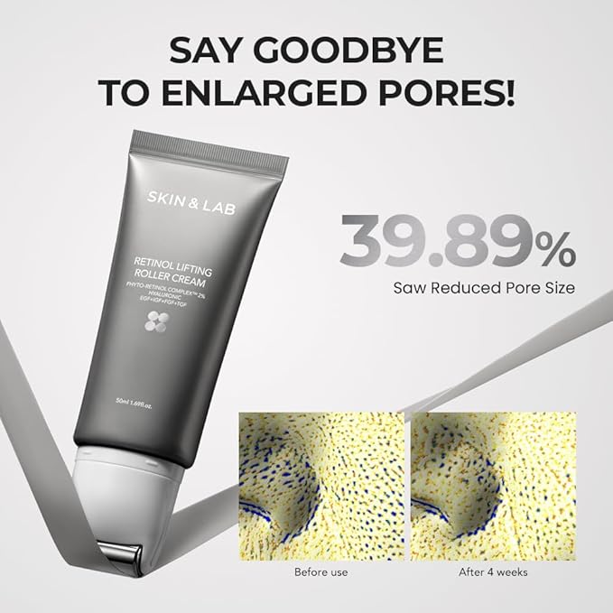 [SKIN&LAB] Retinol Lifting Roller Cream with Massage applicator, Vegan Anti Aging Face and Neck Cream for Reduce Wrinkles and Fine Line, For Face, Neck, Décolleté Wrinkle Care, 1.69 fl. oz.