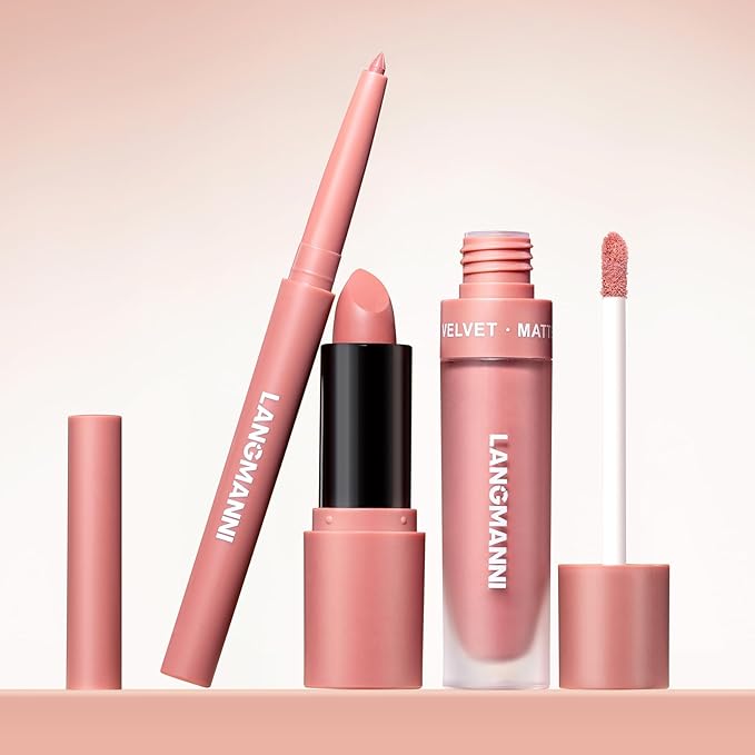 LANGMANNI 3 in 1 Matte Velvet Lipstick Set-Lip Liner,Lip Gloss and Lipstick Combo,Perfect for Natural Lip Contour,Waterproof And Longlasting Effect Lip Makeup,Unique Festival Gift (#01+03+05)