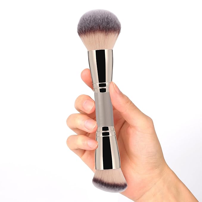 Dual-Ended Foundation Brush: Round & Angled Pro-Grade makeup brushes, 100% Vegan Synthetic Makeup Brush for Flawless Blending and Application of Liquid, Powder, Cream, Blush (Big Dual-Ended)