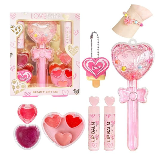 6-in-1 Heart Shine Lip gloss Set - 2 Lip Balms and Make Up Set and Magic Charm Bracelet | Girls Birthday Gift Box with Ice Cream Surprise Non Toxic, Party Favours