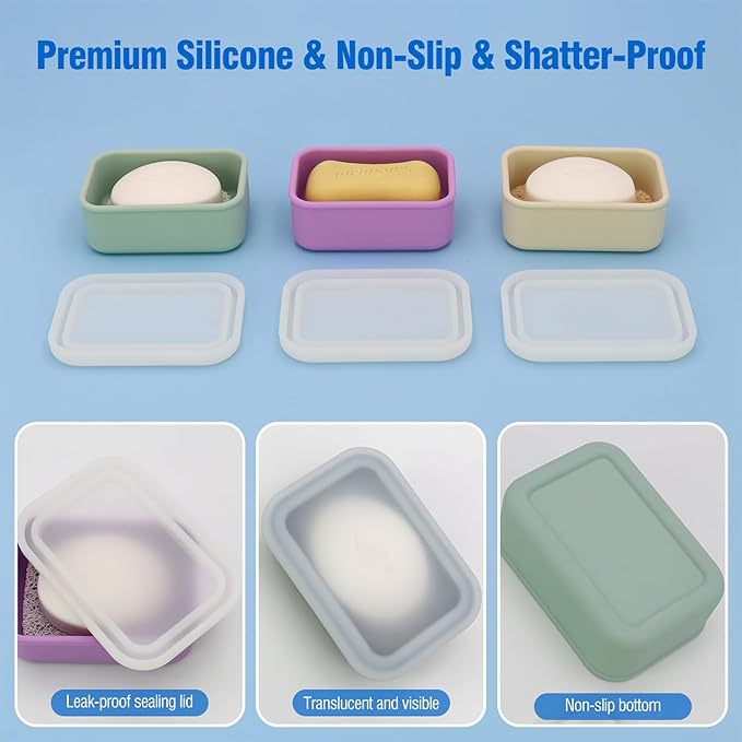 Enhanced Leak Proof Soap Box, Compact Silicone Soap Dish with Drainage Pad, Shampoo Bar Case for Travel, Camping, Gym and Dormitory (Black)