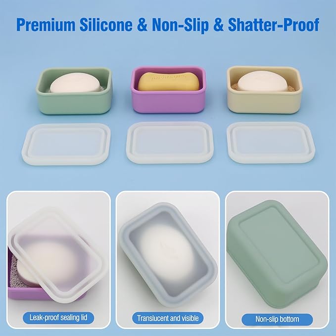Enhanced Leak Proof Soap Container, Compact Silicone Travel Soap Holder with Drainage Pad, Shampoo Bar Case for Travel, Camping, Gym and Dormitory (Purple)