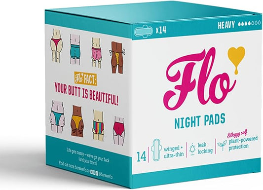 Flo Bamboo Night Period Pads with Wings - Super Absorbent, Soft, Thin (14 Pads)