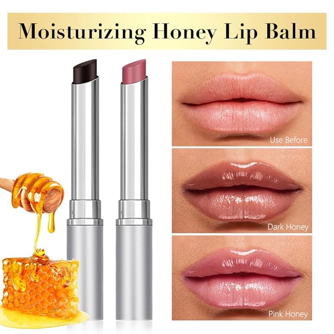 2Pcs Honey Lipstick Tinted Lip Balm, Sheer Hydrating Lip Stain for All Skin Tones, Natural Lightweight Lips Gloss Makeup for Women, Vegan & Cruelty-Free (Black & Pink)