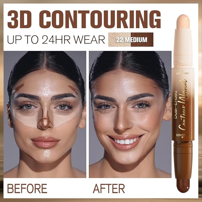 2Pcs Cream Contour Stick Face Body Makeup Dual Ended, Nude Light Beige & Nude Brown no Transfer Waterproof 2 in 1 Cream Concealer Stick Contouring Makeup Set, Nose Contour Bronzer Sticks Highlighter