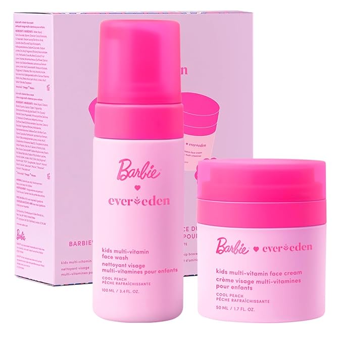 Evereden Barbie Limited Edition Kids Happy Face Duo + Exclusive Barbie Accessories | Multi-Vitamin Kids Face Wash & Cream Set with Stickers + Bracelets | Clean, Vegan Skin Care for Children 3+