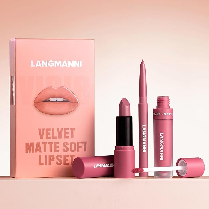 LANGMANNI 3 in 1 Matte Velvet Lipstick Set-Lip Liner,Lip Gloss and Lipstick Combo,Perfect for Natural Lip Contour,Waterproof And Longlasting Effect Lip Makeup,Unique Festival Gift (#01+03+05)