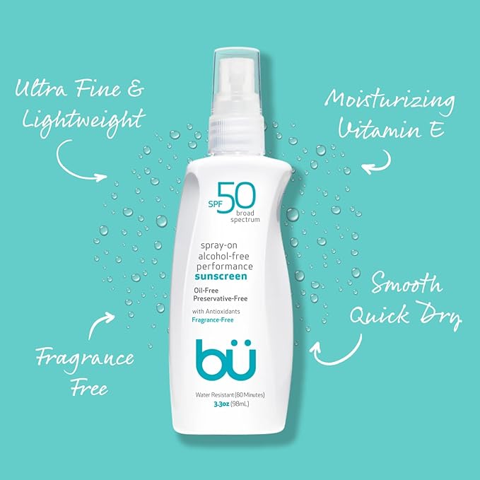 BU SPF 50 Sunscreen Spray for Face and Body, Fragrance Free, Clear Non Aeorsol, Non Greasy and Water Resistant (2-pack)
