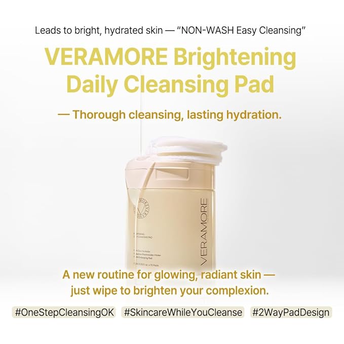 Veramore Glow-Enhancing Vegan Cleansing Pads – Dual-Sided Exfoliating & Brightening with Rice Extract & Hyaluronic Acid | Gentle, Hydrating K-Beauty Skincare, 70 Count (5.07 fl oz)