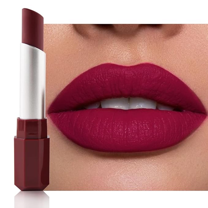 Burgundy Red Matte Creamy Lipstick for Women, Longwear Lips Gloss Paint Stick, Lip Stick Stain Long Lasting Waterproof Effortless Application Full Coverage Velvet Gloss for Party Halloween Makeup 04