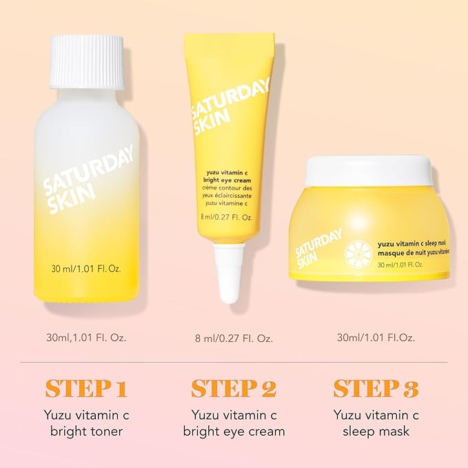 Saturday Skin 3-Piece Skin Care Set Yuzu Vitamin C Sleep Mask Yuzu Vitamin C Bright Toner and Eye Cream Overnight Facial Masks Korean Beauty Best Vitamin C Skincare Set
