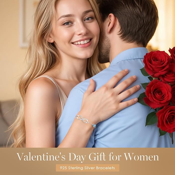 CDE Infinity Heart Birthstone Charm Link Bracelet for Women 925 Sterling Silver Adjustable Mother's Day Gift Anniversary Birthday Jewelry for Wife Girlfriend Her