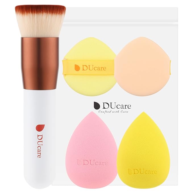 DUcare Foundation Brush with Christmas Sponges Puff Flat Top Kabuki Brush for Liquid Blending Mineral Powder Buffing Stippling