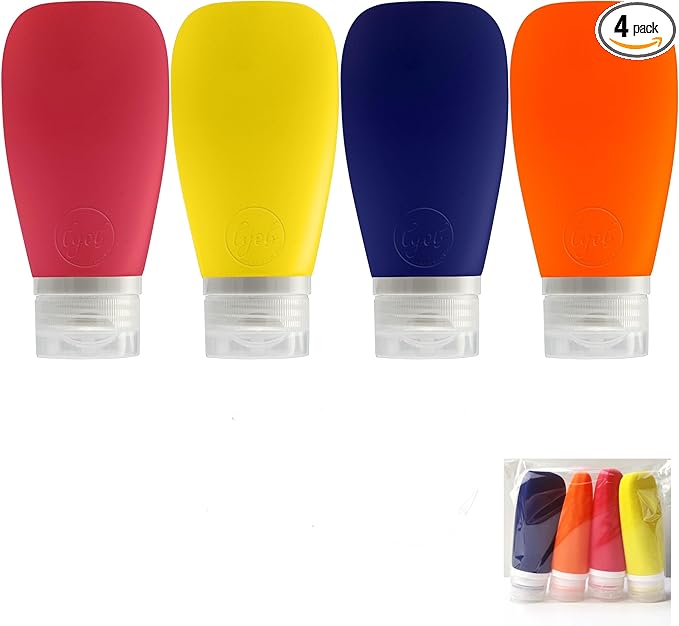 Travel Bottles for Toiletries, TSA Approved 3oz Leak Proof Silicone Soft Refillable Squeeze Travel Size Containers BPA Free for Cleansers, Lotions, Shampoo, Conditioner (red,yellow,blue,orange)