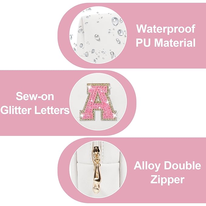 Small Initial Patch Makeup Bag Personalized Gifts Make Up Bag,White Cute PU Leather Glitter Letter Cosmetic Bag with Zipper,Trendy Portable Travel Toiletry Pouch,Preppy Stuff for Teen Girls Women A