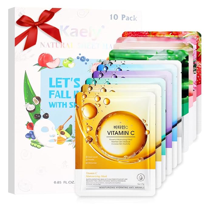 Kaely 10 Pack Variety Sheet Masks, Spa Party Face Masks for Kids Teens Women Men Skincare Set, Girls Night Facial Masks Skin Care, Moisturize Soothe for All Skin Types, Christmas Gifts, Set02