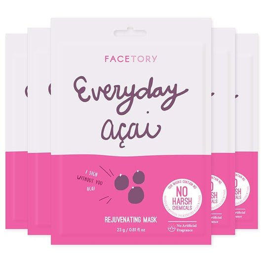 FACETORY K Beauty Face Mask Skin Care - Everyday ACAI Rejuvenating Sheet Mask | Plant-Based with Acai Infusion (5 Pack)