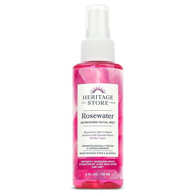 HERITAGE STORE Rosewater - Refreshing Face Mist with Damask Rose, All Skin Types - Hydrating Rose Water Spray for Glowing Skin Care - No Dyes or Alcohol, Hypoallergenic, Vegan, 60-Day Guarantee, 4oz