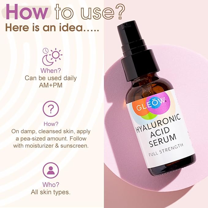 GLEOW New 2024 Pure Hyaluronic Acid Serum for Face - Hydrating Serum for Women - Hyaluronic Acid Pure Face Serum for Women - Face Serum for Dry Skin with Dark Spots 2oz