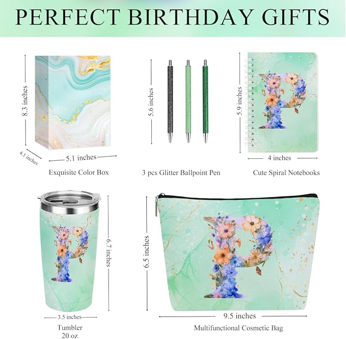 Personalized Gifts Monogrammed Birthday Gifts for Women, Mommy, Female Going Away Christmas, Initial 20 oz Tumbler, Makeup Cosmetic Bag Cup Pens Journal Notebook 6 Set, (Aesthetic Green Flower P)