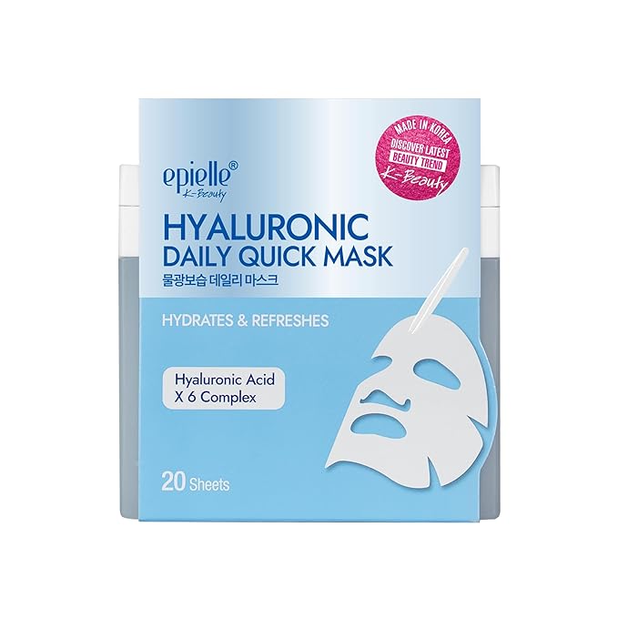 Epielle Hyaluronic Acid Face Mask Korean Sheet Masks for Face - 6x HA Complex Facial Mask, Korean Skincare Face Masks Skin Care Women Dry Skin Hydrating Anti Aging 20 Pack