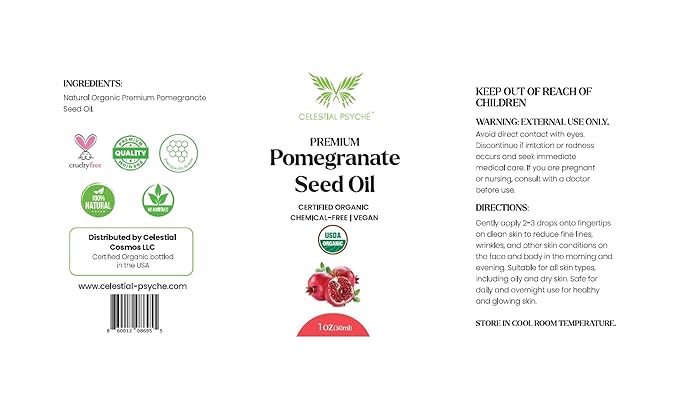 USDA Certified Organic Pomegranate Seed Oil (1 Oz) 100% Pure Natural, Hexane-Free, Face Moisturizer, Skin Hydration, Nails Natural Beauty Enhancement