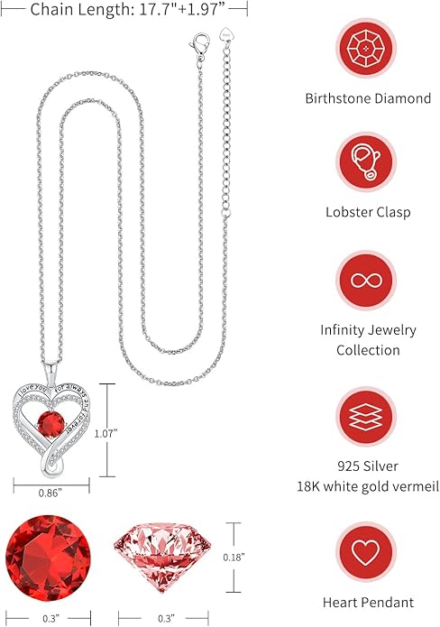 Jewelry for Women Wife Infinity Heart Birthstone I Love You Necklace S925 Anniversary Women Necklaces for Her Wife Birthday Gift Ideas, Birthday Present for Girlfriend Mom Daughter Sterling Silver