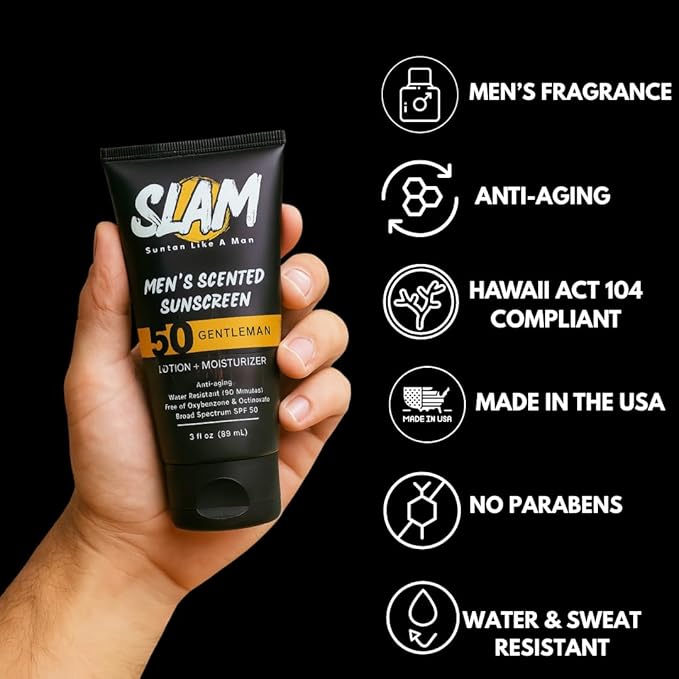 SLAM MysteryMan Men's Sunscreen Lotion SPF 50 & Moisturizer – Face & Body Sun block, Anti-Aging, Water-Resistant, Hawaii Act 104 Safe, Skincare for Men, Scented – 3 fl oz. Double pack.