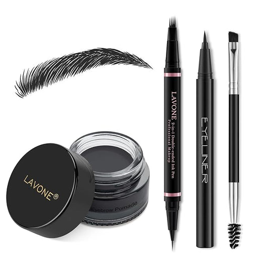 LAVONE Eyebrow Pencil Makeup Kit, with Waterproof 2-IN-1 Microblading Eyebrow Pen, Eyebrow Pomade, Eyeliner and Dual-ended Eyebrow Brush, Brow Pencil Kit for Natural Eyebrows - Black