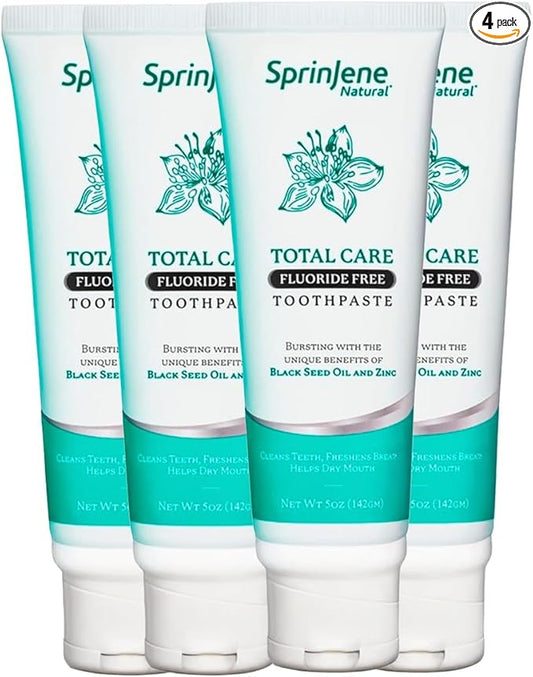 SprinJene Natural Total Care Fluoride Free Toothpaste – Patented Formula with Black Seed Oil & Zinc – Dry Mouth Toothpaste for Fresh Breath & Strong Teeth – Made in The USA (4 Pack)