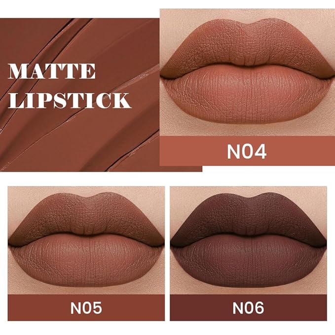 evpct 3Pcs Dark Deep Orange Brown Coffee Nude Matte Lipstick Sets for Women 24 Hour Matt Matte Lipstick Long Lasting Waterproof and Smudge Proof Fall Color Lipstick Shades Dark Brown Lip Liner Set 02