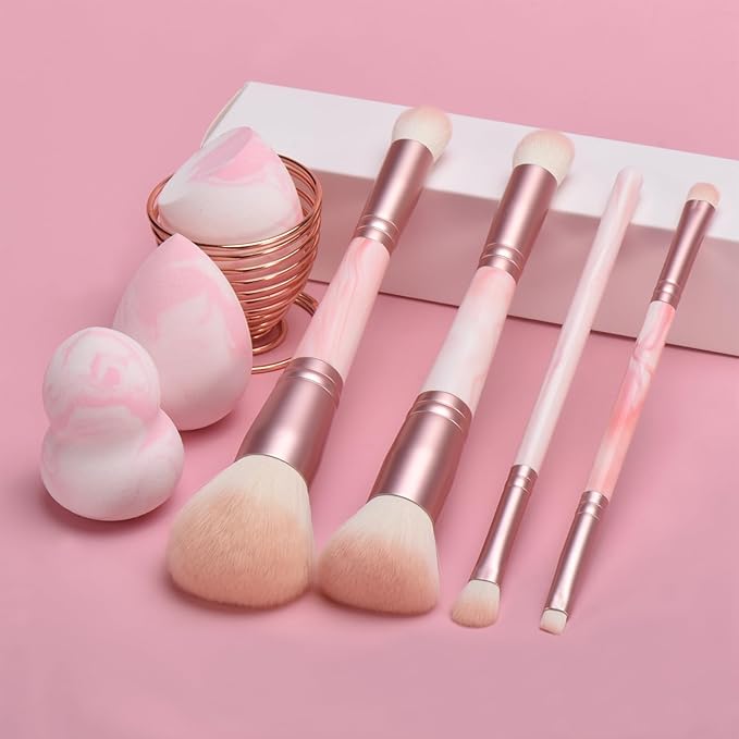 4PCS Pink Dual-Ended Makeup Brushes & Blending Sponge Set, Professional Foundation Concealer Eyeshadow Kabuki Brush with, for Liquid Powder Cream, Vegan & Cruelty-Free