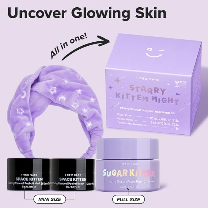 I DEW CARE Korean Wrapping Peel Off Facial Mask Set - Starry Kitten Night | Masks 3ea & Headband Gift Set, Korean Skincare, Glow Skin, Hydrating, Exfoliating, Stocking Stuffers, Travel Size, Mini Set