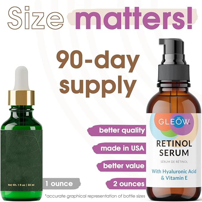 GLEOW Retinol Serum for Face with Hyaluronic Acid, Retinol for Face Is Suitable for All Skin Types, Hydrating Serum Women and Men Plumps Youthful Appearance 2oz