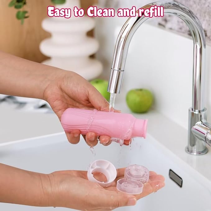 GLAMFIELDS Travel Bottles for Toiletries, 3oz Size TSA Approved Leak Proof Silicone Containers for Shampoo, Conditioner,Easy to Squeeze and Portable, Essentials for Traveling (4 Pack) Macaron