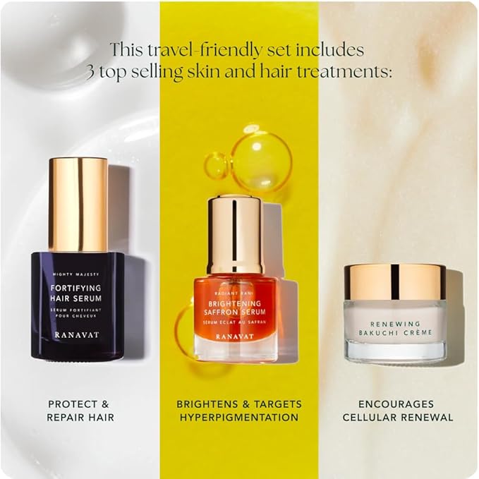 RANAVAT Royal Trio Travel Size Gift Set - Brightening Saffron Face Serum, Renewing Bakuchi Face Cream & Fortifying Hair Serum (3 Count)