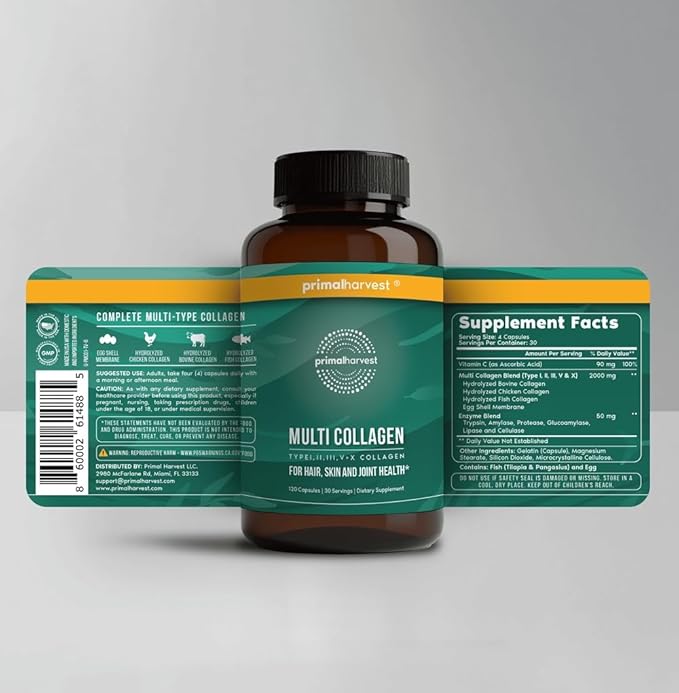 Primal Harvest 2 Pack, Multi Collagen Pills for Women and Men (Type I, II, III, V, X) Collagen Supplements for Women and Men, 120 Capsules w/Vitamin C for Hair, Skin, Nails Collagen Peptides Pills
