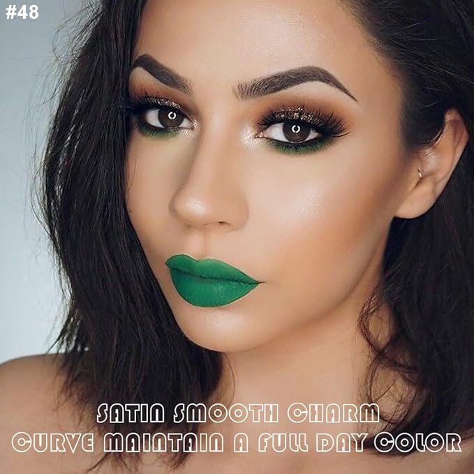 AMY'S DIARY 2Pcs Green Matte Lip Liner and Lipstick Makeup Set, Green Lip Stain Lip Gloss Matt Liquid Lipstick 24H Long Lasting lapiz labiales mate 24 horas originales larga duracion (green 48#)