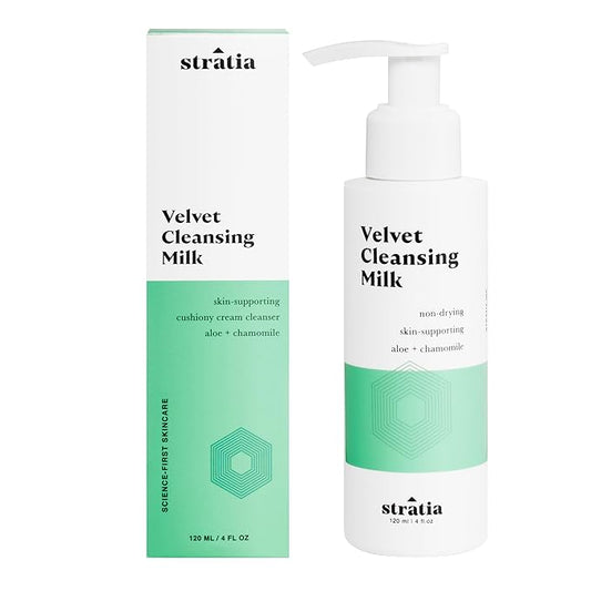 Stratia Velvet Cleansing Milk - Gentle Cream Face Cleanser, Moisturizing & Non-Foaming with Chamomile, Olive Oil & Aloe Vera, 4 Fl Oz